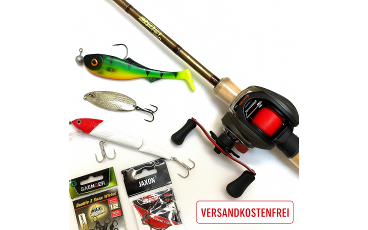 Baitcast Angelset Hecht mit Angelrute, Baitcast Multirolle, Angelschnur, Vorfächer, Wirbel und Angelköder