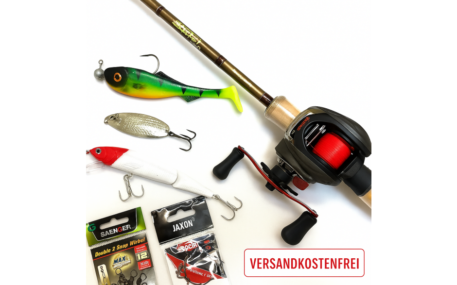 Baitcast Angelset Hecht mit Angelrute, Baitcast Multirolle, Angelschnur, Vorfächer, Wirbel und Angelköder