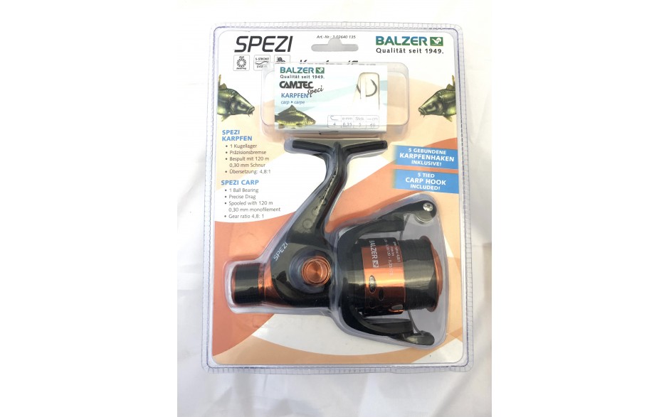Balzer Spezi Karpfen Angelrolle mit 120 Meter Angelschnur und 5 Vorfachhaken Karpfen